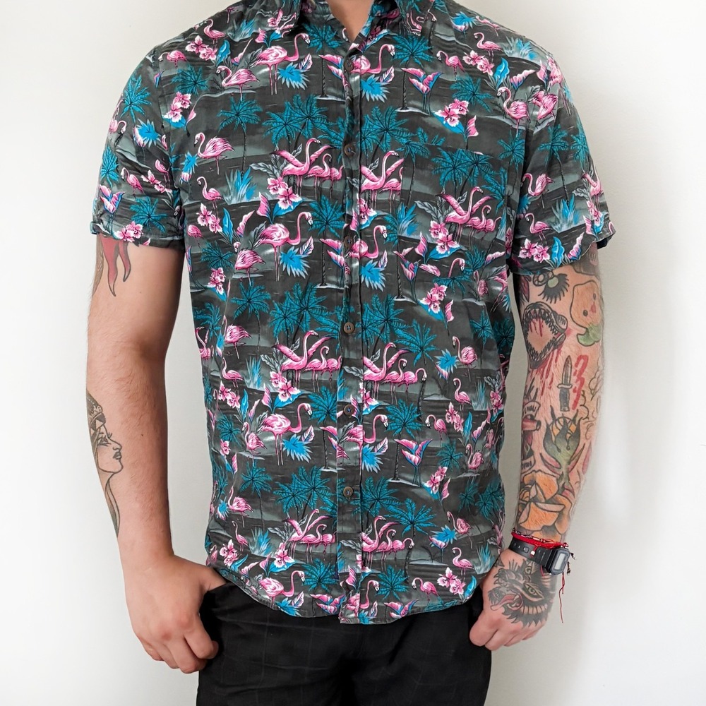 Ditch Plains Mens L Flamingo Tropical Button Up Shirt Cotton Resort